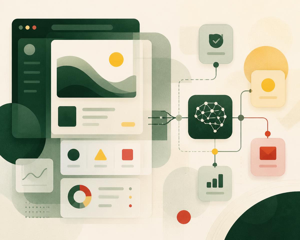 Illustration of a website interface connected to an AI automation flow